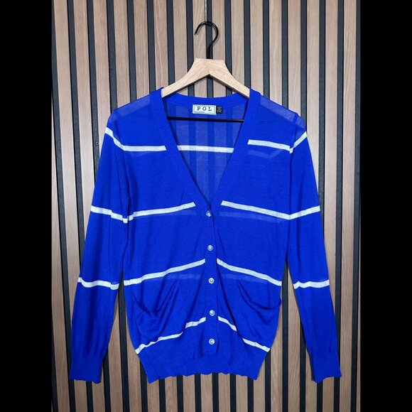 POL Sweaters - POL Sweater Small Womens Blue Striped Sheer Knit Ruched Pockets Button Cardigan